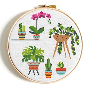 Plant cross stitch pattern, Orchid and cactus on pots wall art embroidery, Easy flower design, Modern x-stitch, Digital Instant PDF download
