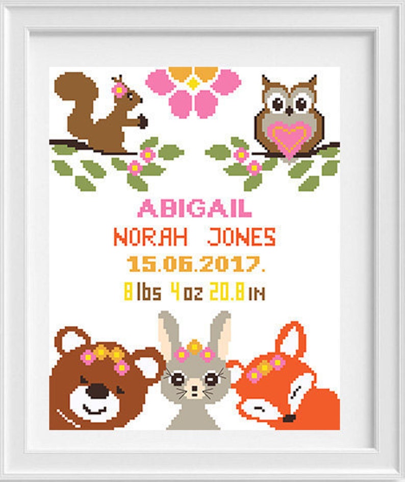 Baby Cross Stitch Pattern Birth Announcement Woodland Animals Etsy