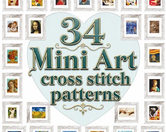 May include: A collection of 34 mini art cross stitch patterns, each framed in a distressed white frame. The patterns feature famous artworks, including portraits and landscapes. The central design element is a heart-shaped graphic with the text "34 Mini Art cross stitch patterns."