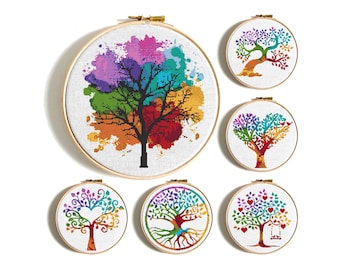 Tree cross stitch pattern, Colorful Four Seasons tree, Set of 6 embroidery, Modern hoop art, Easy nature Art Decor, Instant download PDF