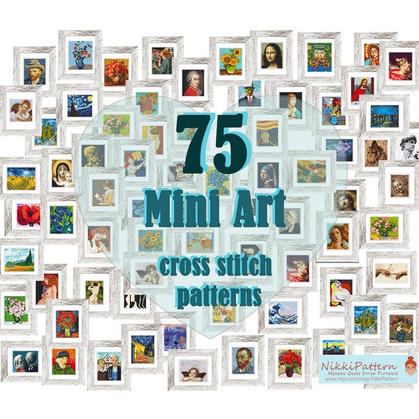 Set of 75 mini masterpieces cross stitch patterns, Van Gogh, Monet, Renoir, Michelangelo, Klimt tiny famous paintings, Tiny embroidery art