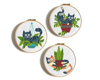 Cats Cross Stitch Pattern Set, Funny Cat Embroidery, Black and orange cats, DIY Gift, Modern Beginner Design, Digital PDF download