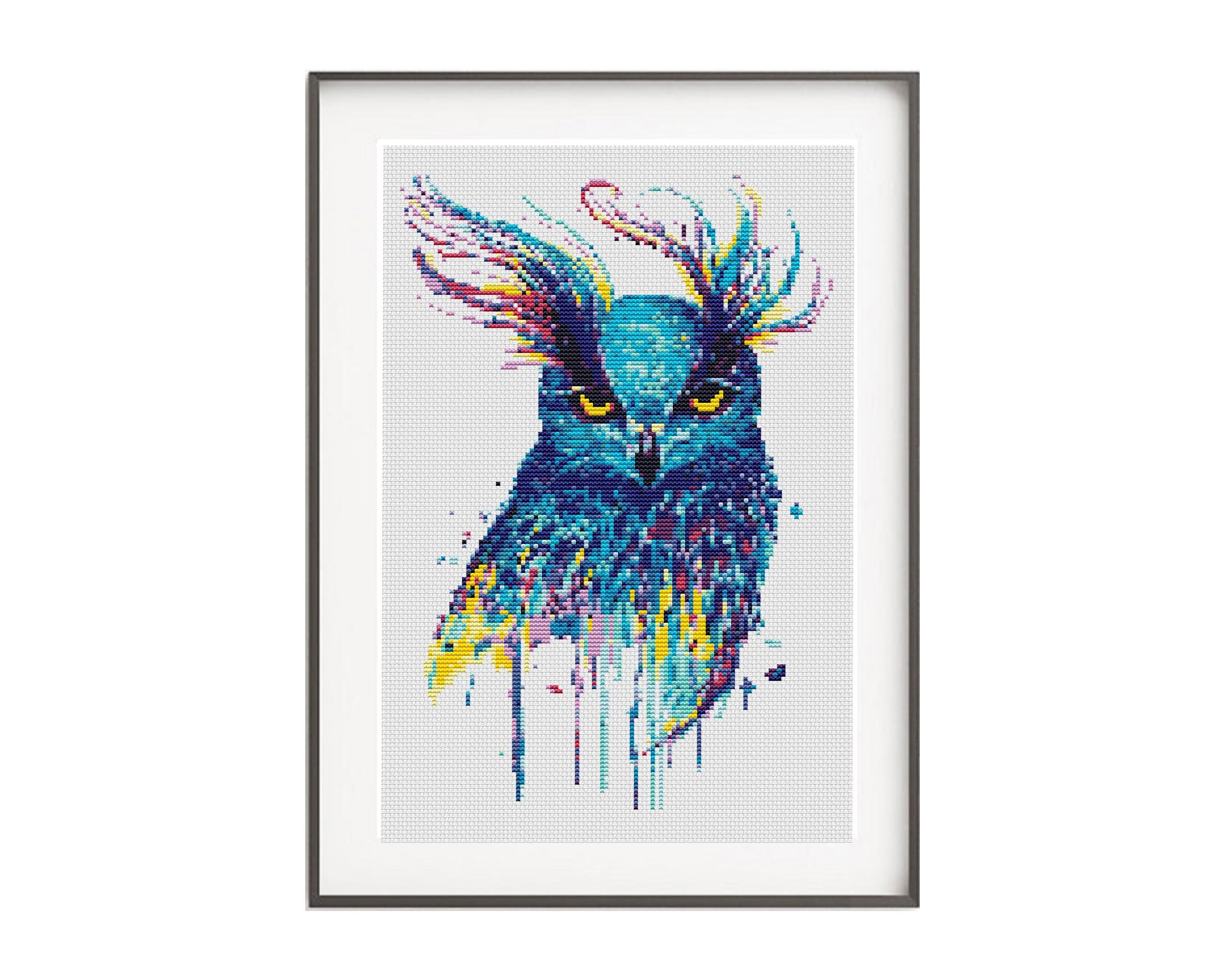 Owl cross stitch pattern, Modern watercolor bird, Animal counted x-stitch, Abstract embroidery, Digi