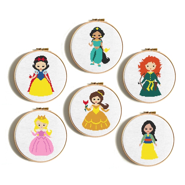 Lot de 6 princesses modèle de point de croix Princesse des contes de fées Point de croix de bébé Décoration pour chambre de bébé Point de croix facile Point de croix moderne PDF