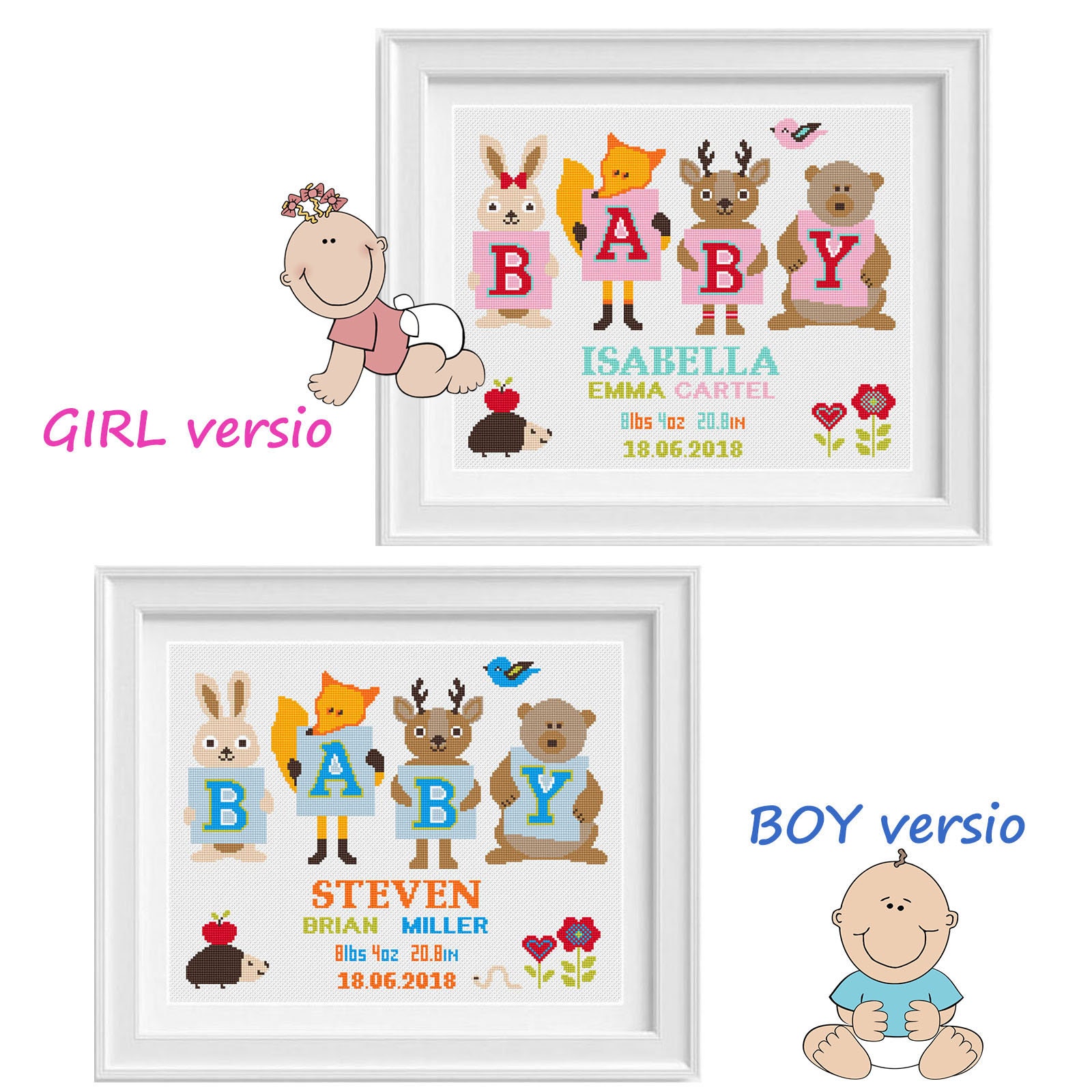 Birth Announcement Counted Cross Stitch Pattern Baby Girl Etsy