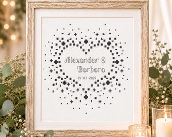 Wedding modern cross stitch pattern, Monochrome heart, Personalizable name, Love anniversary gift,  Includes alphabet, Instant download PDF