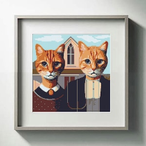 May include: A framed painting of two orange tabby cats dressed in clothing, reminiscent of the American Gothic painting. The cats are standing in front of a small house with a white door.