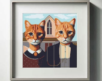 American Gothic cat cross stitch pattern, Funny orange cats, Mini famous artwork, Ginger cats Gothic art, PDF instant download embroidery