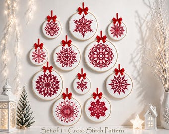 Christmas Cross Stitch Pattern Set | 11 Red Snowflake Ornaments | Geometric Ice Crystal Embroidery | PDF