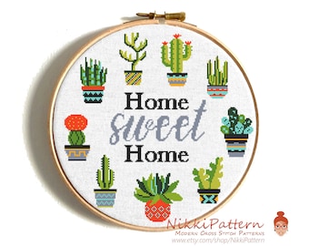 Home sweet home cross stitch pattern, Modern cacti counted cross stitch, PDF pattern, embroidery design, instant download PDF chart