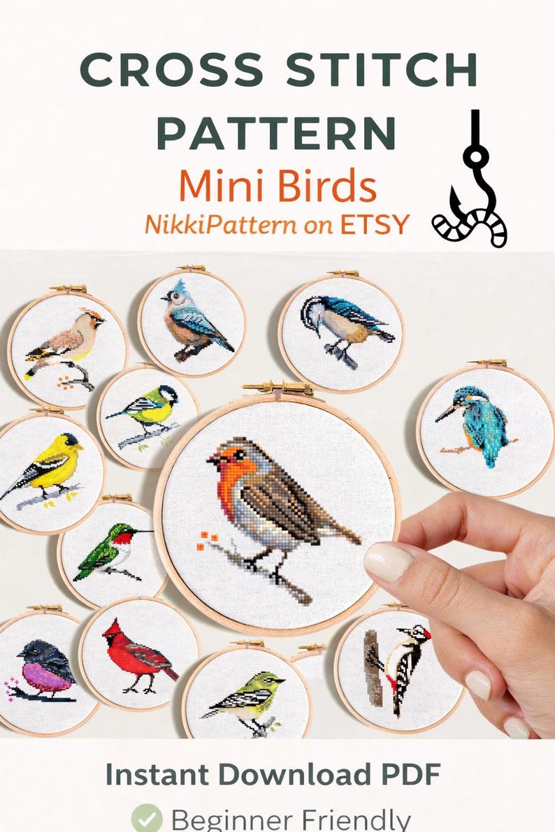 May include: A collection of cross-stitch patterns featuring various mini bird designs, each displayed in a wooden embroidery hoop. The image includes a robin, hummingbird, and other colorful birds. Text reads "Cross Stitch Pattern Mini Birds" and "Instant Download PDF".
