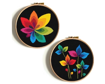 Flower Cross Stitch Pattern Set - Modern colorful Embroidery Design, Abstract Floral Wall Art, Easy PDF Instant Download