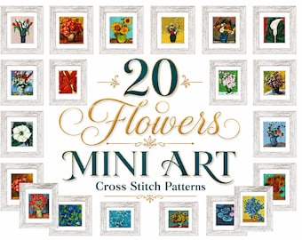 20 Mini flower cross stitch patterns PDF – Tiny embroidery designs of famous floral paintings, Van Gogh, Monet, O'Keeffe. Digital download.
