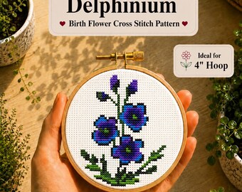 Schema per punto croce del delphinium, fiore del mese di nascita, fiore di luglio, disegni mini e facili, il fiore di nascita di luglio, download immediato in PDF