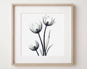 Tulips Cross Stitch Pattern, Black and White Floral Embroidery (PDF Pattern)
