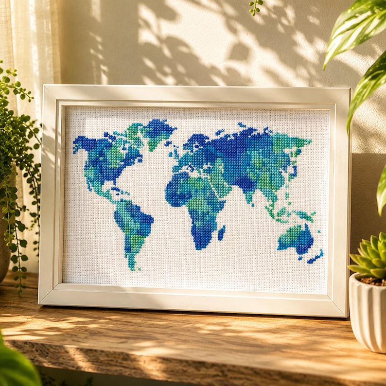 World map cross stitch pattern, Silhouette of world.