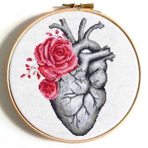 Anatomical heart cross stitch pattern. Human heart anatomy cross stitch. Heart with a rose embroidery.  Abstract floral, Instant Download