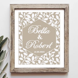 Modern wedding cross stitch pattern, Leaves embroidery with custom names, Love anniversary gift, Personalized wedding gift, Instant Download