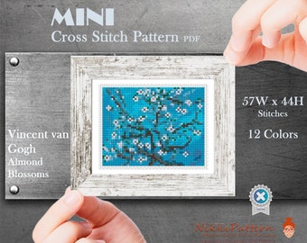 Mini cross stitch pattern ART - Almond Blossoms - by Vincent van Gogh Famous painting cross stitch PDF pattern Small Tiny Miniature art