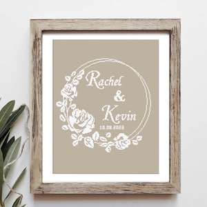 Wedding modern cross stitch pattern, Wedding anniversary gift, Monochrome Floral Rose wreath, Personalized name, Custom name
