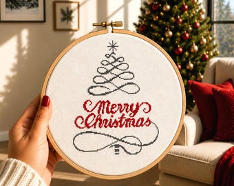 Merry Christmas Cross Stitch Pattern PDF, Festive Christmas Tree Embroidery Design, Beginner Holiday X- Stitch Chart, DIY Xmas Decor