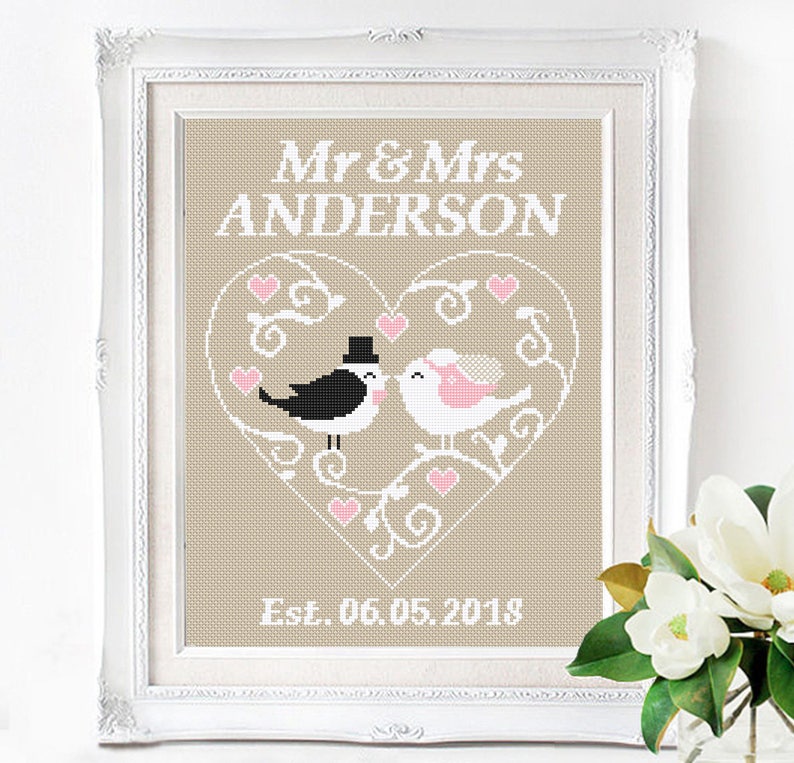 Mr and Mrs Wedding cross stitch Wedding Gift Modern cross stitch pattern Heart cross stitch Love Counted cross stitch Birds cross stitch PDF
