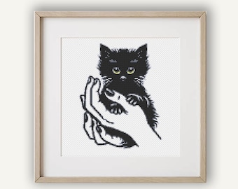 Katzen Kreuzstich Stickmuster, schwarze süße Katze Stickerei, Einfache und anfängerfreundliche Muster für Katzenliebhaber, Sofort-Download