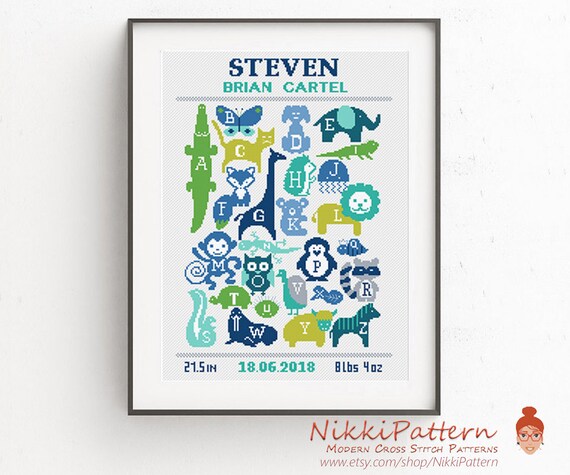 Baby cross stitch pattern Birth announcement Alphabet Numbers cross stitch Baby shower gift wild animal Printable pdf pattern Easy Funny DIY