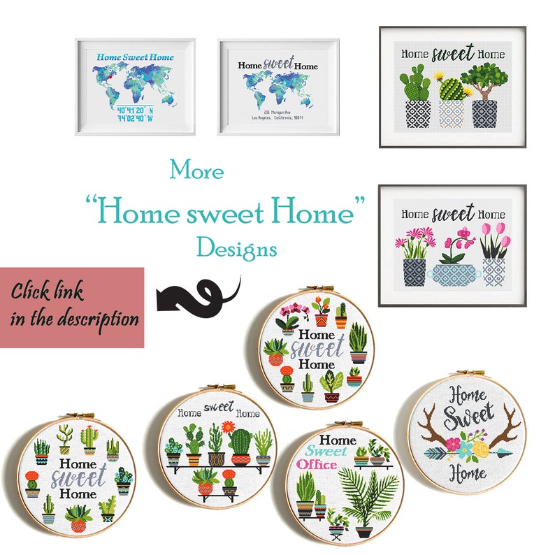 Home sweet home cross stitch pattern, Tulips and orchid in geometric pots, Botanical embroidery Set, Plant embroidery, Instant download image 5