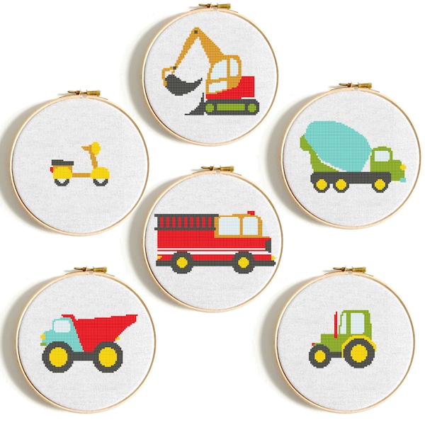 Baby cross stitch pattern PDF Fire engine Mixer truck Tractor Digger Boy cross stitch Nursery child room decor DIY Baby Shower Gift