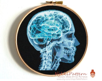 Skull modern cross stitch pattern X-ray cross stitch Human skull Funny anatomy Radiate skull and brain cross stitch PDF pattern