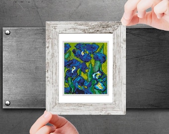 Mini cross stitch pattern Vincent van Gogh Irises Blue Flowers modern cross stitch Famous painting Mini masterpiece Easy art PDF chart