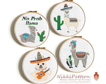 No prob Llama cross stitch Pattern, Funny peru camel, cute baby llamas and cactus, Counted cross stitch animals, small funny nursery decor