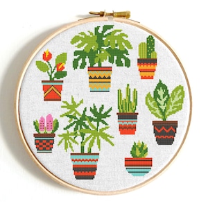 Plants cross stitch pattern, Cacti on the geometric pots, Floral embroidery, Modern modern houseplants, Easy DIY room decor, Digital instant