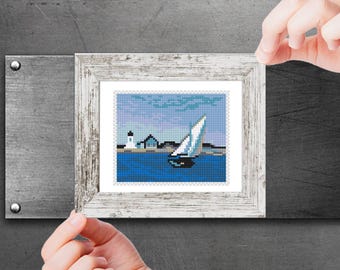 Patrón de punto de cruz en PDF para miniarte. La Pierna Larga de Edward Hopper. Cuadro famoso en miniatura. Miniatura de vela vintage.