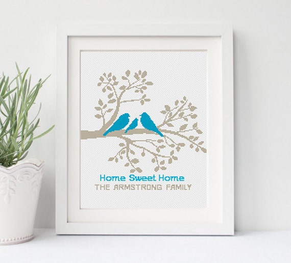 modern cross stitch pattern family tree chart personalized wedding cross stitch birds love home sweet home counted cross stitch pdf instant family tree pattern