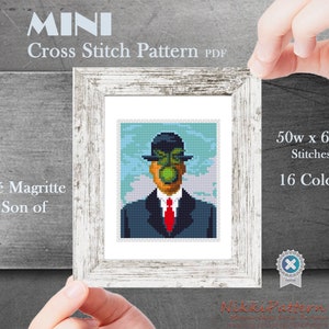 Mini cross stitch pattern Modern tiny art - The Son of Man by René Magritte Small famous artwork Mini hand embroidery PDF pattern Apple man