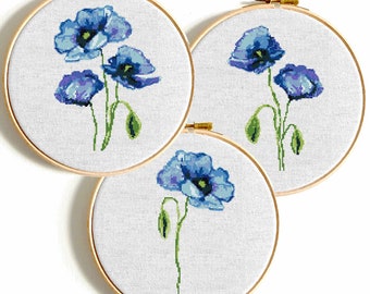 Poppy flower modern cross stitch pattern PDF Blue poppies watercolor cross stitch bundle Floral counted cross stitch Easy Poppy flower chart