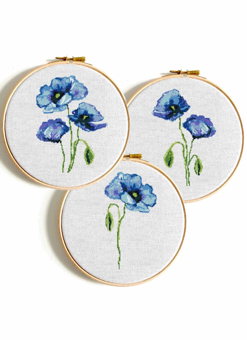 Poppy flower modern cross stitch pattern PDF Blue poppies watercolor cross stitch bundle Floral counted cross stitch Easy Poppy flower chart image 1