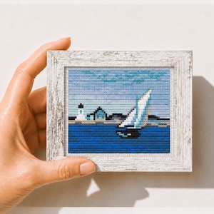 Mini-korsstygnsmönster i PDF-format. Det långa benet av Edward Hopper. Liten berömd målning. Litet konstmönster med korsstygn. Vintage miniatyr av segling.