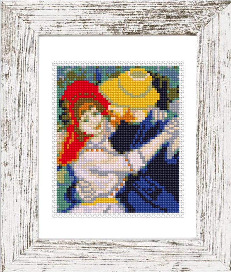 May include: A framed cross-stitch artwork depicting two figures dancing. The figures are wearing hats, one red and one yellow, and are dressed in white, blue, and yellow. The frame is white with a distressed finish.