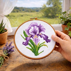 May include: A cross-stitch embroidery of a purple iris flower in a wooden hoop. The flower has detailed shading and green leaves. The embroidery is held in front of a window with a view of a green landscape.