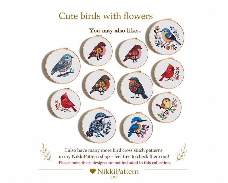 May include: A collection of eleven embroidered bird designs in wooden hoops. Each hoop features a different colorful bird with floral accents. The text "Cute birds with flowers" is at the top. The NikkiPattern shop logo is at the bottom.