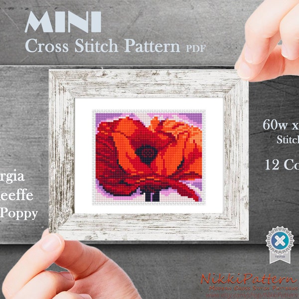 Mini modèle de point de croix Art moderne minuscule - Coquelicot rouge par Georgia O'Keeffe Peinture miniature d'art célèbre Tableau PDF pour débutants