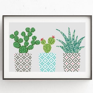 Cactus cross stitch pattern, Abstract floral design, Cacti on the geometric pots, Modern home decor, Counted x-stitch digital PDF