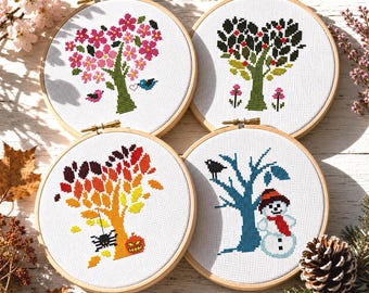 Patrón de punto de cruz del árbol de las cuatro estaciones: primavera, verano, otoño e invierno. Conjunto de 4 diseños. Ideal para principiantes. Descarga digital del gráfico en PDF.