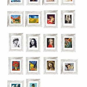May include: A collection of framed cross-stitch art featuring famous paintings. The frames are white with a distressed finish. The artworks include portraits, landscapes, and historical scenes. The image includes the text "NikkiPattern".