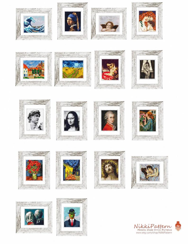May include: A collection of framed cross-stitch art featuring famous paintings. The frames are white with a distressed finish. The artworks include portraits, landscapes, and historical scenes. The image includes the text "NikkiPattern".