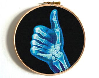 Thumbs up hand cross stitch pattern, X-Ray hand, I am fine, Like symbol embroidery, Human anatomy,  Radiograph design, Instant download