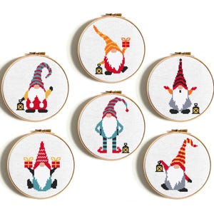 Patrón de punto de cruz de duende navideño, juego de 6 lindos gnomos, bricolaje para niños, mini bordado, descarga instantánea, regalo navideño DIY